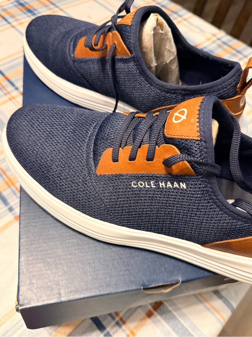 Cole Haan Grand Sport Journey Men's Navy and Tan Knit Lace-Up Sneakers